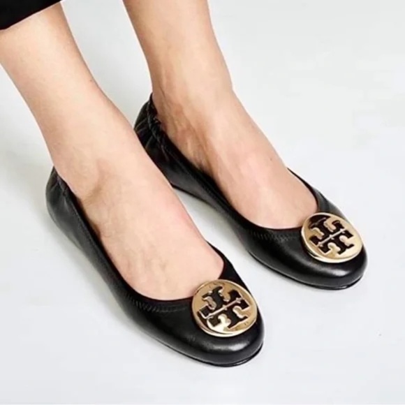 Tory Burch Reva Black Gold Medallion Ballet Flats - Picture 2 of 14